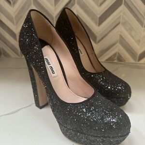 Miu Miu black platform glitter pumps